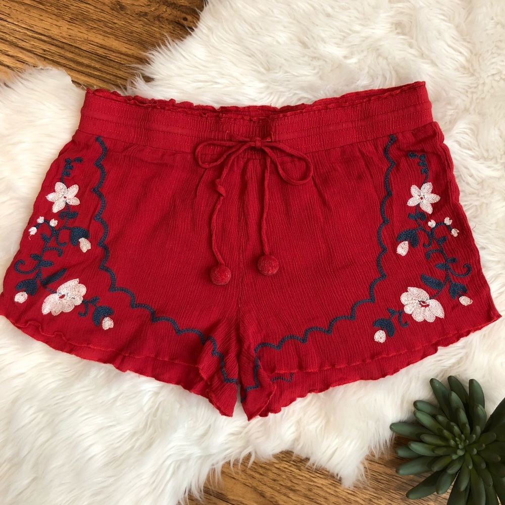 Red Floral Embroidered Shorts
